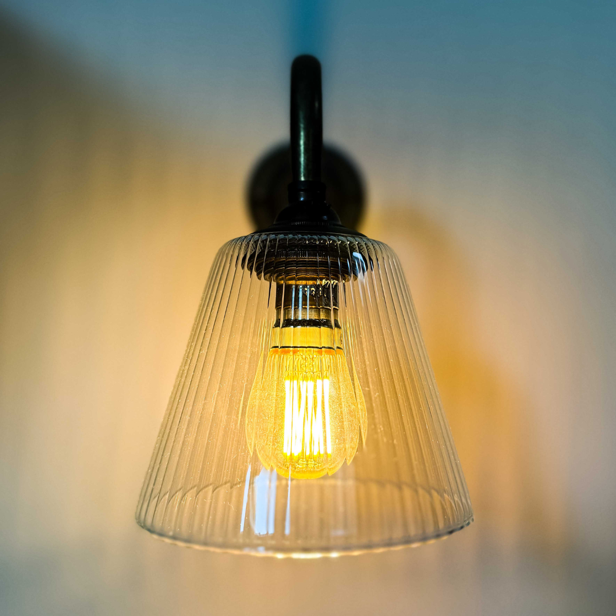 Wall sconce with ribbed glass shade